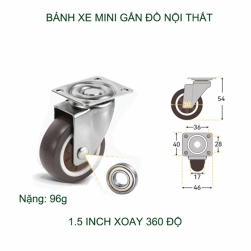 Bộ 2 bánh xe gắn đồ nội thất chịu lực lớn tới 30kg, loại 1.5inch (38mm)