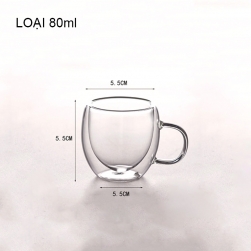 Cốc (ly) thủy tinh 2 lớp giữ nhiệt uống trà và café, có tay cầm, loại nhỏ 80ml