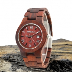 Đồng hồ đeo tay mặt tròn vỏ và dây bằng gỗ đàn hương đỏ