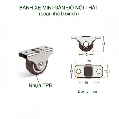 banh xe mini 12mm