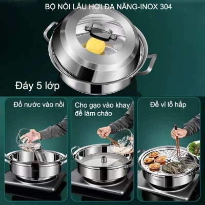 bo noi lau hoi inox 304, đáy 5 lớp