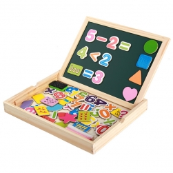 Đồ chơi giáo dục gồm số, hình nhiều màu sắc gắn nam châm kèm bảng học, hộp gỗ