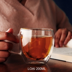 Cốc (ly) thủy tinh 2 lớp giữ nhiệt uống trà và café, có tay cầm 200ml