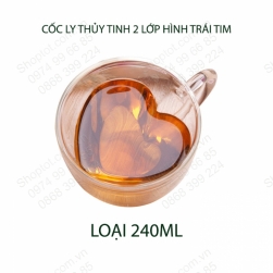 Cốc thủy tinh 2 lớp hình trái tim, dùng uống cà phê, trà, sữa, loại 240ml