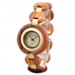 Đồng hồ đeo tay nữ - vỏ và dây làm bằng gỗ hương đỏ ngoài, gỗ Maple trong