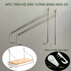 Phụ kiện combo 06 móc treo kệ gỗ gắn tường bằng inox 201 rộng 15cm kèm 12 đinh 4 chân
